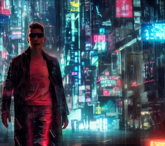 Prompt: high - resolution 8 k video still from a cyberpunk movie starring tom cruise,