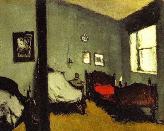 Image similar to jack the ripper's bedroom by walter sickert, creepy, expressionism,