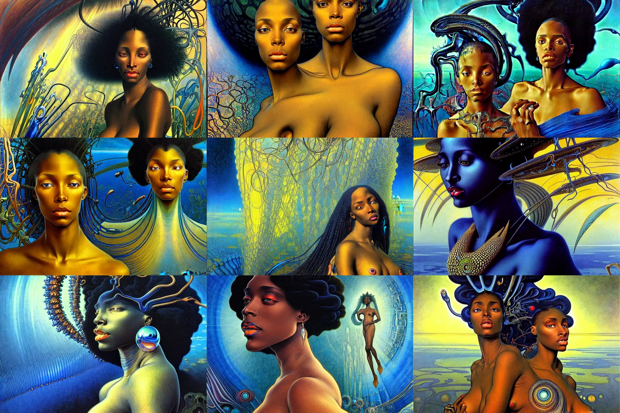 Prompt: realistic extremely detailed portrait painting of a beautiful black woman, futuristic sci-fi landscape on background by Jean Delville, Amano, Yves Tanguy, Alphonse Mucha, Ernst Haeckel, Edward Robert Hughes, Roger Dean, rich moody colours, blue eyes