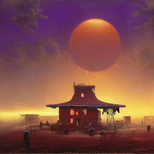 Image similar to painting of beksinski artlilery scifi organic shaped gas station with ornate metal work lands on a farm, fossil ornaments, volumetric lights, purple sun, andreas achenbach