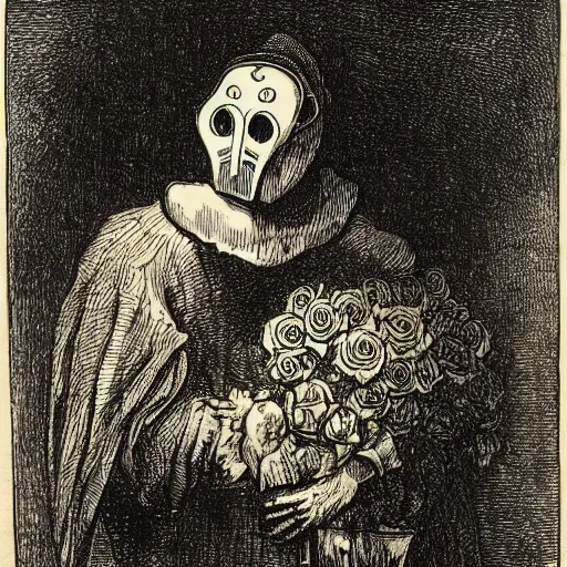 Prompt: etching drawing of a plague doctor with a bouquet of roses in his hand by Rembrandt van Rijn