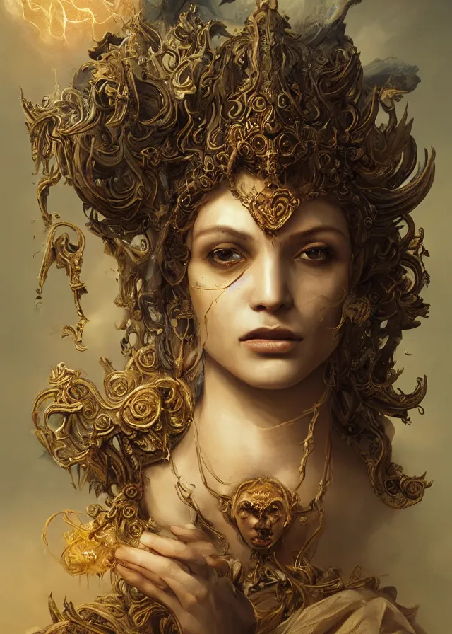 Prompt: woman portrait, head on face, foreground, volumetric, wearing a carved half mask with incrustations, astral godness vishnu, ethereal, elements, baroque, rococo, ink, tarot card enviromet, cinematics lights, detailed, intricate illustration, octane render, golden ratio, fine art by peter mohrbacher & marc simonetti