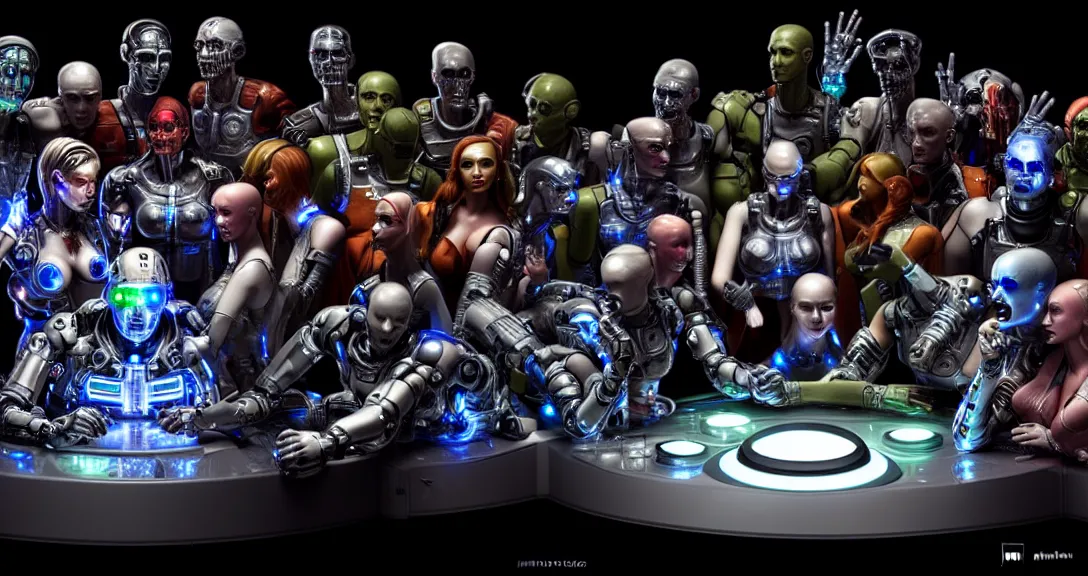 Image similar to war, 13 diverse cyborgs on one_side of a reflective !cybernetic table, posing_as_last_supper, inticrate detailed glowing implants, highly detailed, dramatic lighting, electrical details, high details, beautiful lighting