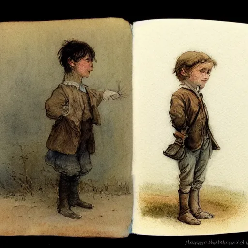 Image similar to portrait of a child standing and facing front looking strait ahead a muted color watercolor sketch of story book character ifrom the book Baltimore & Redingote by Jean-Baptiste Monge of an old man in the style of by Jean-Baptiste Monge that looks like its by Jean-Baptiste Monge and refencing Jean-Baptiste Monge