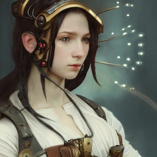 Prompt: portrait of a 2200s young female steampunk fighter, futuristic, headshot, hyper realistic, pale skin, 4k, rule of thirds, extreme detail, detailed drawing, trending artstation, hd, fantasy, D&D, realistic lighting, by Alphonse Mucha, Greg Rutkowski, sharp focus, backlit, elegant