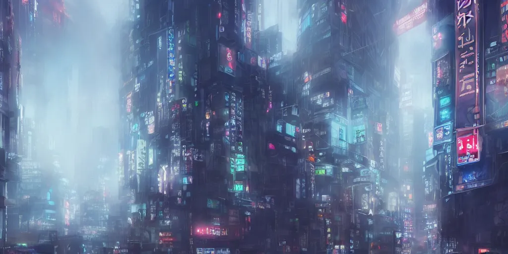 Prompt: Anime style Tokyo in fog, magic mist, cyberpunk buildings, digital concept art, cityscape, high resolution, trending on artstation, unreal engine