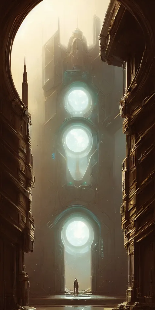 Prompt: hyper realistic ornate sci - fi double door by jordan grimmer, darek zabrocki