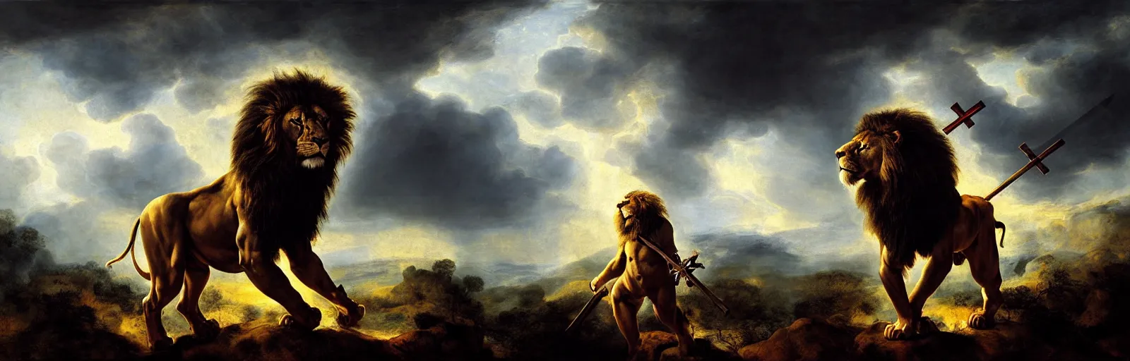 Prompt: oversized muscular lion as dangerous barbarian with cross on chest armor and sword in epic pose and hard backlight from sunset , very textured detailed oil painting panoramic backlight portrait by rembrandt, backlight, dramatic clouds, thunder storm and forest on fire ,sun rays