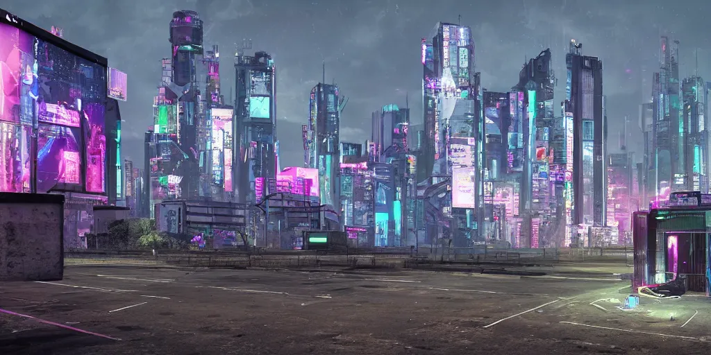 Prompt: outskirts of london, cyberpunk