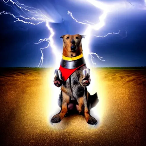 Image similar to a canine thor holding thor's hammer in its paw, dramatic lightning background, flying