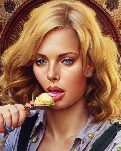 Image similar to portrait of a blonde fuller figured barbara bach from the bond film wearing dungarees and eating ice creams in porto, real life skin, intricate, elegant, highly detailed, artstation, concept art, smooth, sharp focus, art by artgerm and greg rutkowski and alphonse mucha