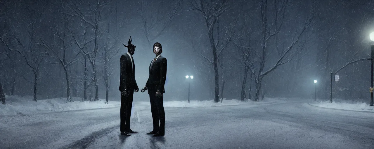 Image similar to Wendigo wearing suit and tie standing in the middle of a snowy street at night, horror, horror photography, cinematic, cinematic lighting, volumetric lighting, atmospheric, octane render, unreal engine, HD, phot, realistic, photo realistic, hyper realistic, hyper realism, photo by Gregory Crewdson, film by Gregory Crewdson,