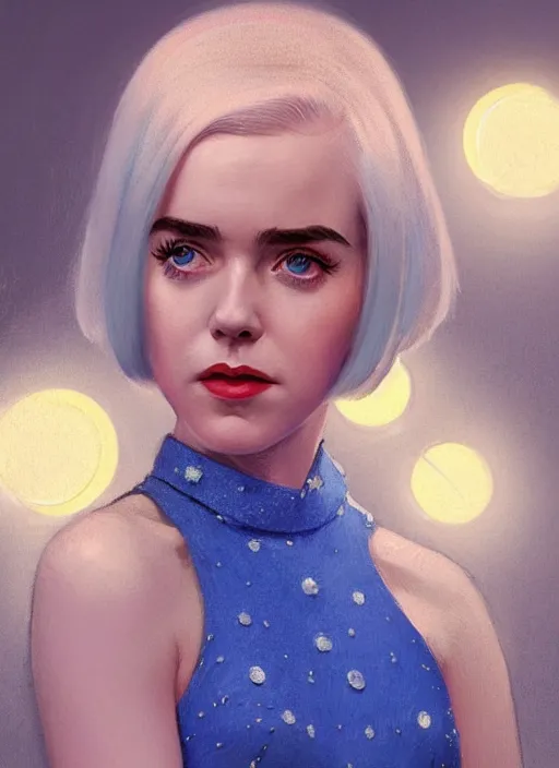 Image similar to portrait of kiernan shipka with freckles, white hair, big 1 9 6 0 s bob hairstyle with bangs and hairband, blue 1 9 6 0 s dress, intricate, elegant, glowing lights, highly detailed, digital painting, artstation, concept art, smooth, sharp focus, illustration, art by wlop, mars ravelo and greg rutkowski