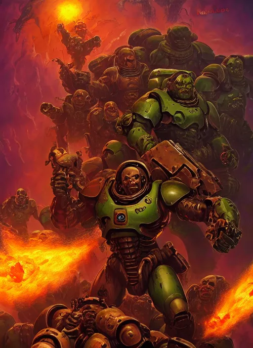 Image similar to ( doom ) cover featuring doom guy!! space marine!! surrounded by demons, by jimmy presler, artstation, vivid gaze