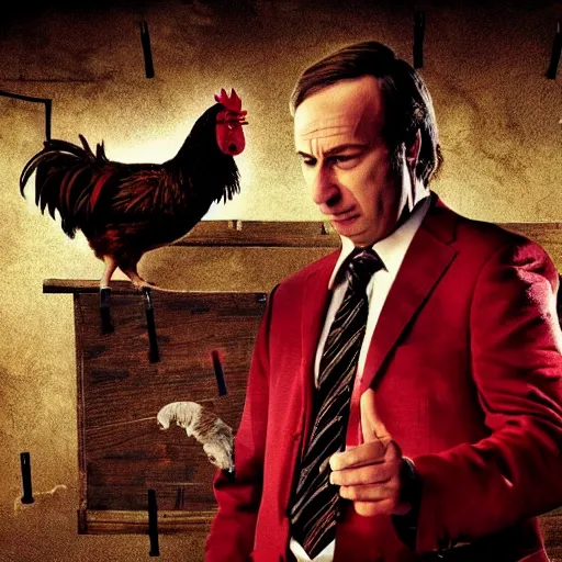 Prompt: saul goodman and a rooster in a saw movie torture chamber, saw movie jigsaw background, saul goodman, rooster, photo