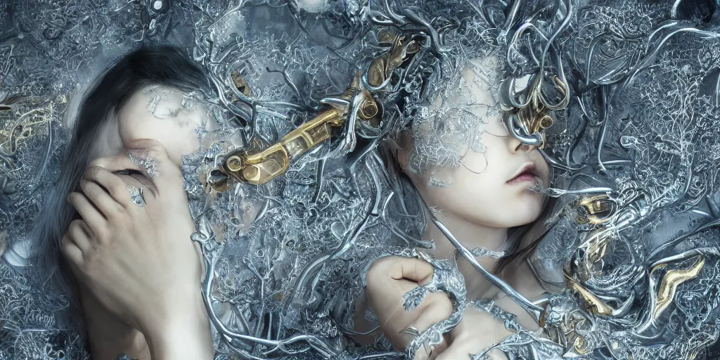 Prompt: hyper realistic photography of a stunningly cyborg female, intimate, holding hands, kissing, delicate gold blade, in the style of beth cavener, jin kagetsu,, and wlop, highly detailed, intricate filigree, chrome face symmetry, masterpiece, award - winning, sharp focus, concept art, high key, ambient lighting, 8 k, octane render,