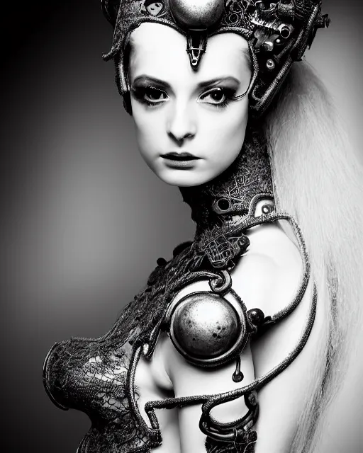 Image similar to a black and white high quality dreamy photo of a young beautiful female queen-silver dragon-vegetal-flower-cyborg black lace veiled bust with a very long steampunk cyborg neck, elegant, highly detailed, poetic, soft, dreamy, mysterious, high fashion, in the style of Horst P. Horst, Metropolis, Realistic, Refined, Digital Art, Highly Detailed, Cinematic Lighting, rim light, black and white, photo-realistic, 8K