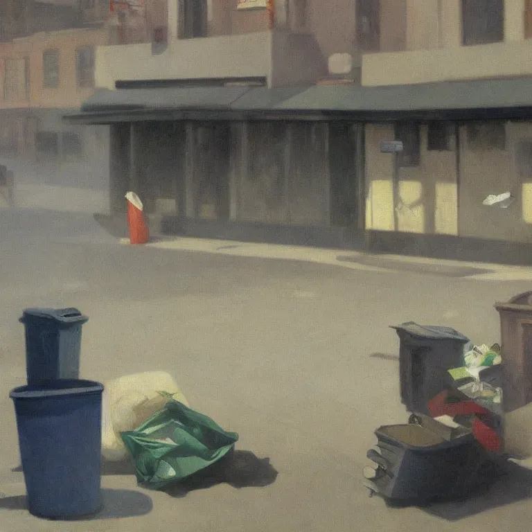 Prompt: trash flowing everywhere, piles of trash, fog, early morning, , painted by Edward Hopper, painted by Wayne Barlow, airbrush