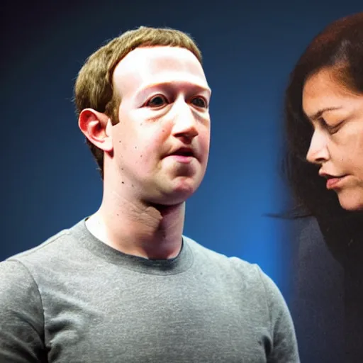 Prompt: uncanny valley Mark Zuckerberg comforting a grieving widow, photo, detailed, 4k