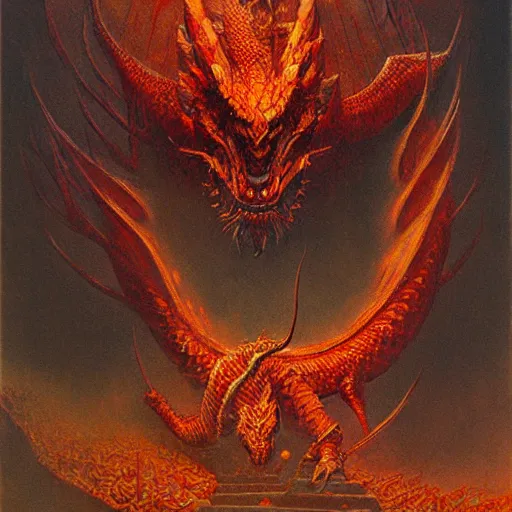 Prompt: fire dragon concept, epic, ancient, beksinski