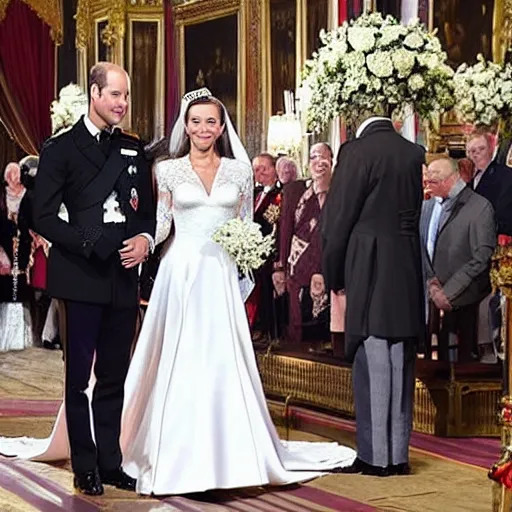 Image similar to photos of the duke of cambridge prince william marrying american singer miley cyrus, happy couple, human faces, official photos, wedding photo, royal wedding, photos trending on twitter, trending photo on instagram