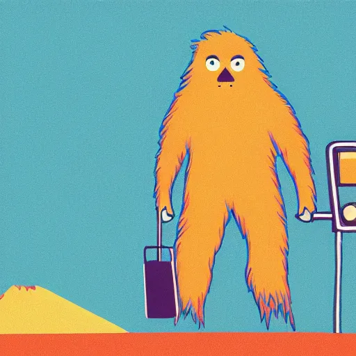 Image similar to sasquatch at the gas station at night, colourful, illustration
