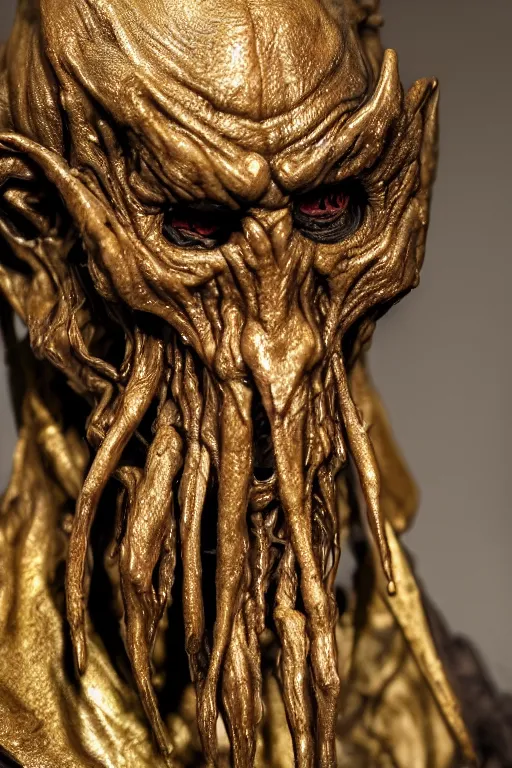 Image similar to photo taken of an epic intricate, ultra detailed, super realistic sculpture of a nightmarish hellish demonic hooded grim reaper sculpture on display in a workshop, created by weta workshop, full body shots, photorealistic, sharp focus, f 0. 4, face centred, macro photography, golden ratio, golden hour