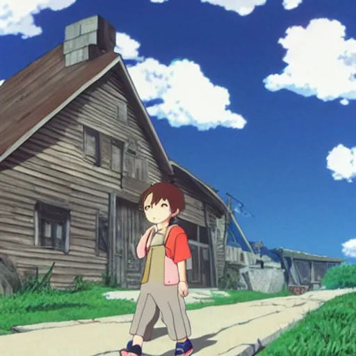 Prompt: anime, a young kid walking to a house with a playstation under his arm, happy, studio ghibli,