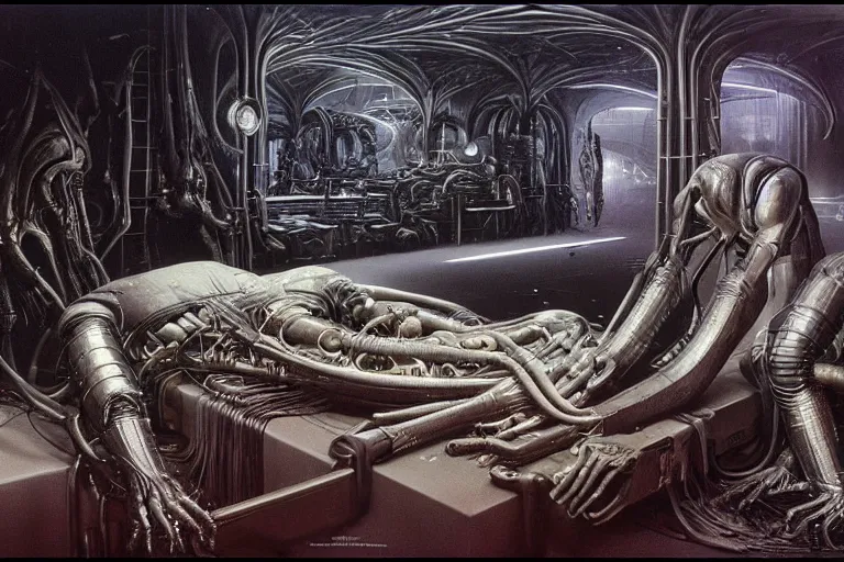 Image similar to the birth of the cyborg sleeping chambre / artificial womb by hr giger. hedonic imperative expressed as a pan - species techno - utopia imagined by jim burns and james gurney, wayne barlowe,. masterpiece scifi artwork, retro, trending on artstation, 8 k