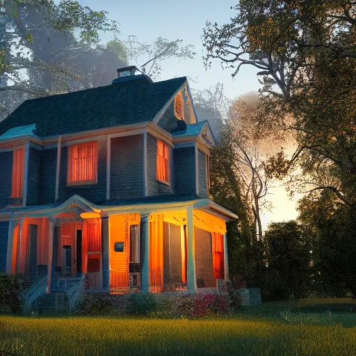 Image similar to clue houses, vaponpunk, sunset, 8k, soft light, ray tracing, wet ground