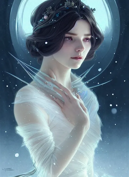 Image similar to a beautiful cinematic female winter goddess, cristal dress, ice wing, galatic shamen with quantum energy fantasy, fantasy magic, undercut hairstyle, dark light night, intricate, elegant, sharp focus, illustration, highly detailed, digital painting, concept art, matte, art by wlop and artgerm and greg rutkowski and alphonse mucha, masterpiece