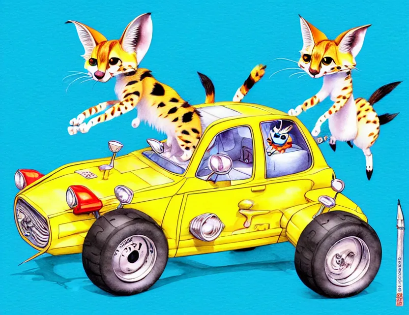 Image similar to cute and funny, serval riding in a tiny hot rod with oversized engine, ratfink style by ed roth, centered award winning watercolor pen illustration, isometric illustration by chihiro iwasaki, edited by range murata, tiny details by artgerm and watercolor girl, symmetrically isometrically centered