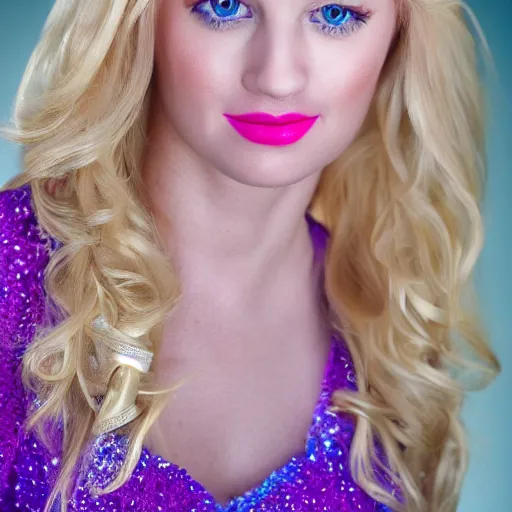 Prompt: close up headshot of a princess with long blonde hair and light blue eyes wearing a strapless elaborately beaded pink dress, high resolution film still, 8k, HDR color, film by Simon Langton and David Frankel, triangular face, round narrow chin, straight jawline, light pink lipstick