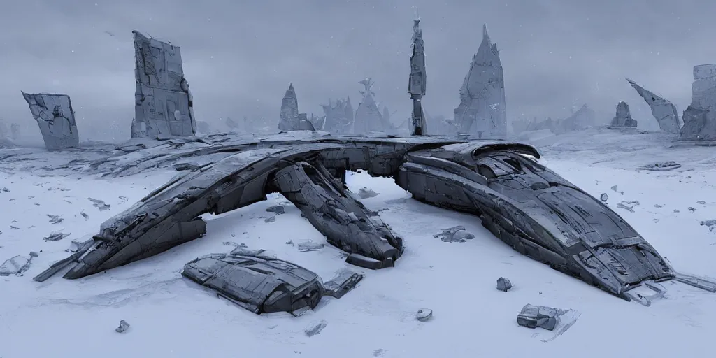 Image similar to remnants of an old spaceship in snow, artstation