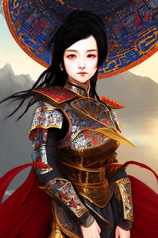 Prompt: portrait black hair young knights of Dynasty Warriors girl, metallic red mirror armor, in ruin chinese temple rooftop sunset, ssci-fi and fantasy, intricate and very beautiful and elegant, highly detailed, digital painting, soft light, artstation, concept art, smooth and sharp focus, illustration, art by tian zi and WLOP and alphonse mucha