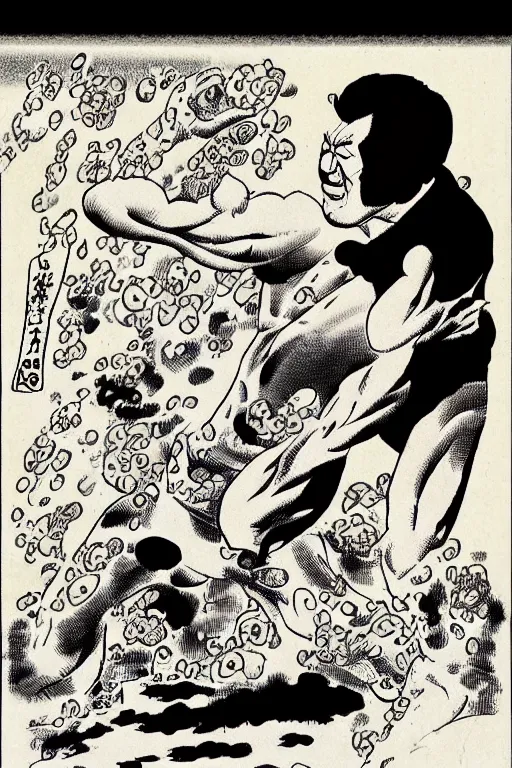 Prompt: antonio inoki crushes a bus with his bare hands, ukiyo - e art by ed roth and basil wolverton ), crisp