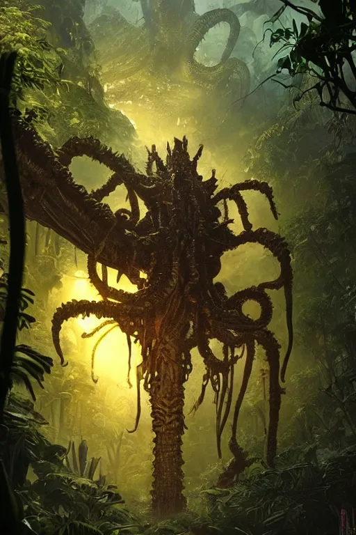 Image similar to giant alien queen in the Jungle, lovecraftian creature, dramatic lighting, cinematic, establishing shot, extremly high detail, foto realistic, cinematic lighting, post processed, concept art, artstation, matte painting, style by eddie mendoza, raphael lacoste, alex ross
