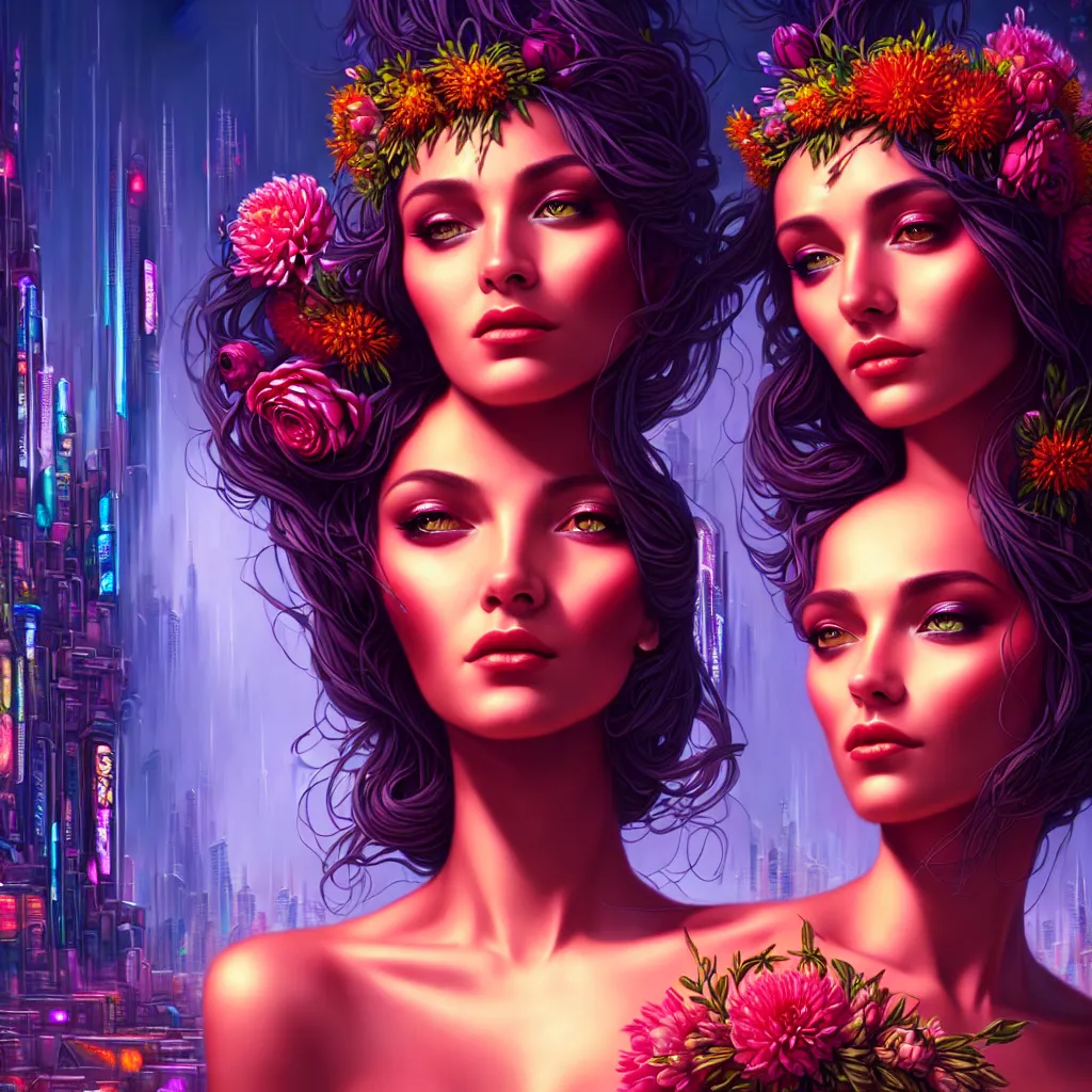 Image similar to a beautiful closeup 4K portrait painting of a flower goddess in a sensual pose, in the style dan mumford artwork, in the background a futuristic cyberpunk city is seen.