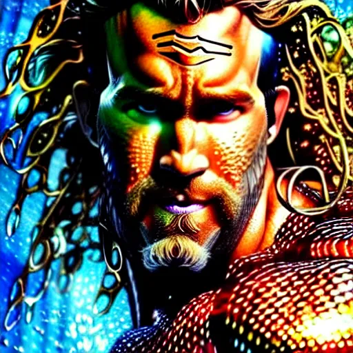 Prompt: uhd photorealistic portrait of ryan reynolds as aquaman, by amano, ayami kojima, greg rutkowski, lisa frank, mark brooks, and karol bak, masterpiece, cinematic composition, dramatic pose, studio lighting, hyperdetailed, intricate details