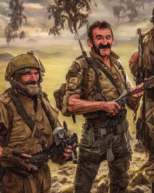 Image similar to full body 8 k photo of paul chuckle standing next to barry chuckle dressed as sas soldiers holding battle - axes, intricate, elegant, highly detailed, cinestill, digital painting, artstation, led dramatic lighting, sharp focus, by da vinci, artgerm and greg rutkowski and alphonse mucha