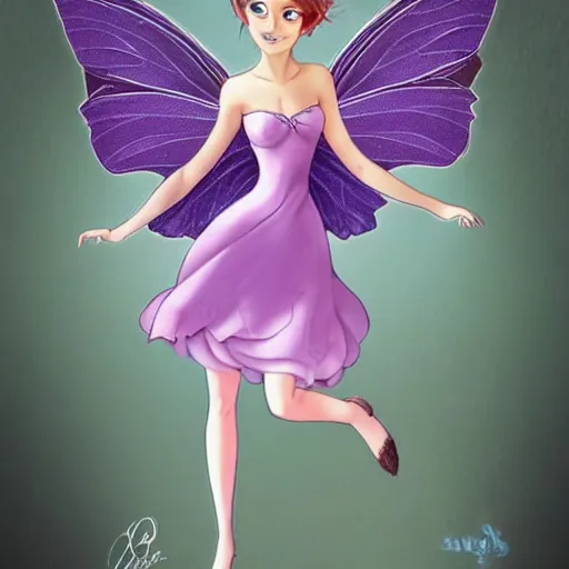 Prompt: very very very beautiful tiny fairy woman in her 20s with fairy wings wearing skintight purple dress, making eye contact, smiling, flirty, perfect body, perfect face, drawn by charles bowater