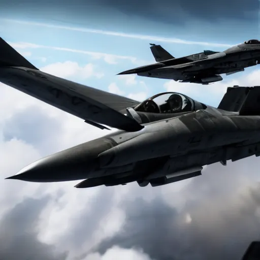 Prompt: Intense battle between two jet fighters in Ace Combat, rendered in Unreal Engine, realistic