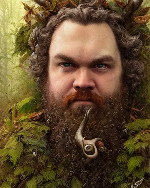 Image similar to patrick rothfuss as a forest druid with ram horns and leaves in his beard | highly detailed | very intricate | symmetrical | cinematic lighting | award - winning | closeup portrait | painted by donato giancola and mandy jurgens and brian froud | featured on artstation