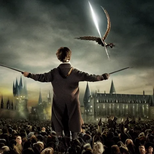 Prompt: Harry potter flying upright and channelling an intricate ritual, back view, cinematic shot, intricate detail and quality, movie still, nighttime, crescent moon, minor motion blur, action shot, photorealistic, intense scene, visually coherent, symmetry, rule of thirds, movement, vivid colors, award winning, Steven Spielberg, Christopher Nolan, Tooth Wu, Asher Duran, Greg Rutkowski