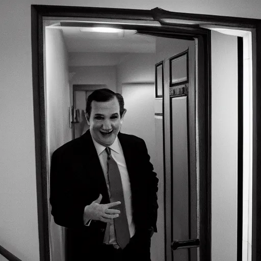 Image similar to Ted Cruz with a wide grin peaking through a door in the distance at the end of a narrow corridor, black and white, creepy lighting, scary, horror, ornate, eerie, fear