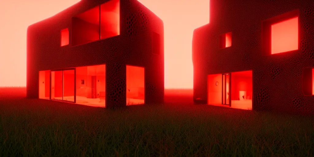 Prompt: A beautiful photo of a trypophobia house with a mysterious red glow emitting from inside, by octane render and corona render, stunning, photorealistic, featured on artstation, 4k resolution