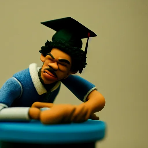 Image similar to a cinematic film still of a claymation stop motion film starring chance the rapper as a college student, shallow depth of field, 8 0 mm, f 1. 8