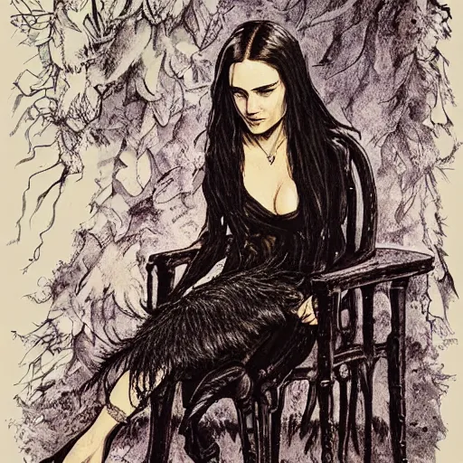 Image similar to young innocent jennifer connelly as innocent gothic beauty with black feathers instead of hair, eyes closed, mutant, sad, feathers growing out of skin, sitting in opulent chair, romantic, comic book cover, vivid, beautiful, illustration, highly detailed, rough paper, dark, oil painting