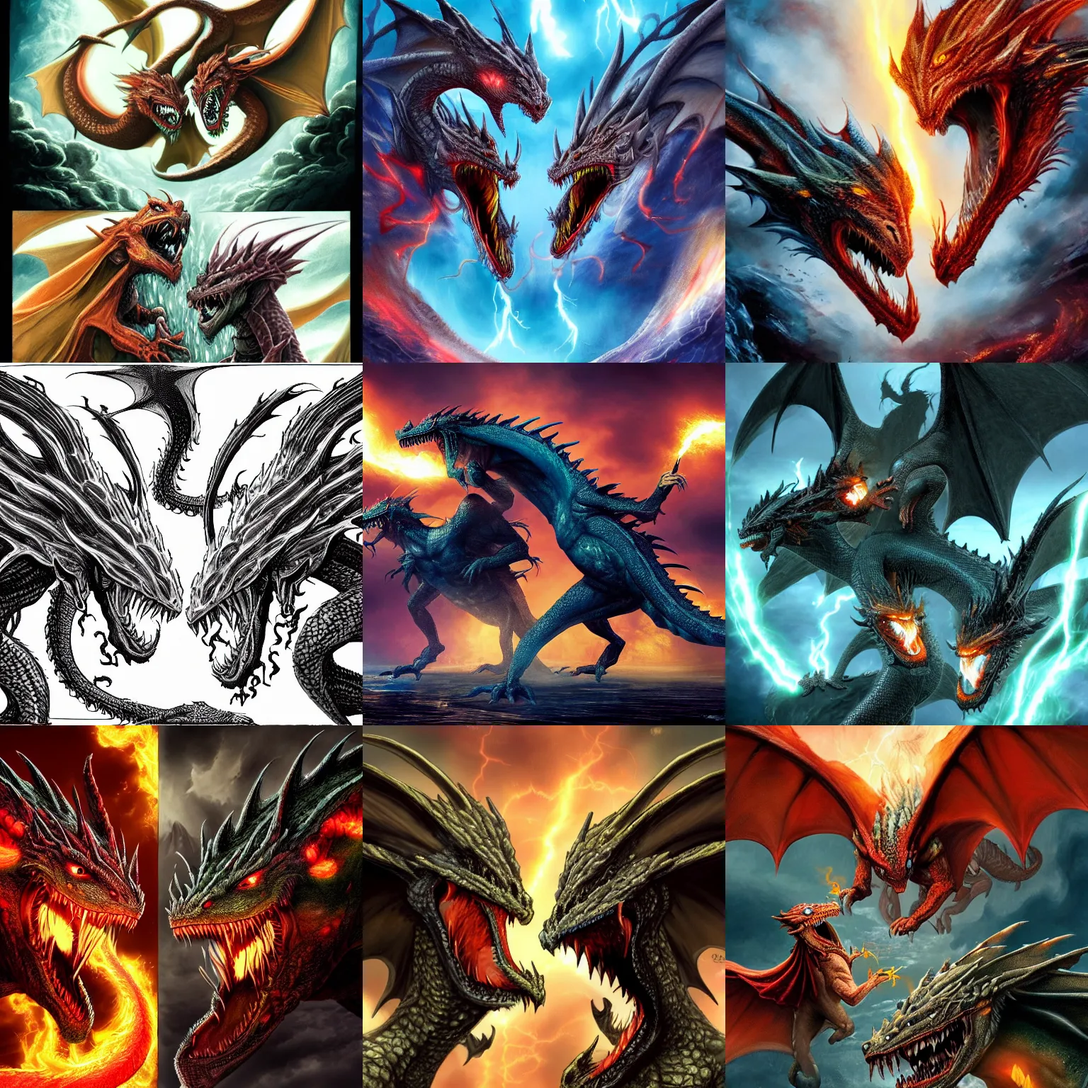 Prompt: two dragons with faces of gollum fighting each other, dragonbreath, firestorm, thunderstorm