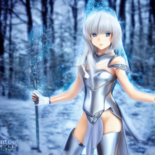 Image similar to portrait focus of beautiful 3 d anime girl as a saint seiya knight!! silver frozen ice armor wearing!! dark forest background snowing, bokeh, inspired by masami kurum